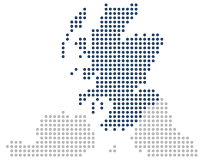 Map of Scotland made up of many blue dots against a transparent background